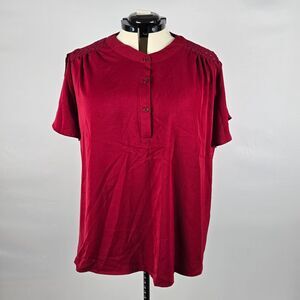Bloomchic Blouse Women's 1X Petal Short Sleeve Upper Button Round Neck Red NWT